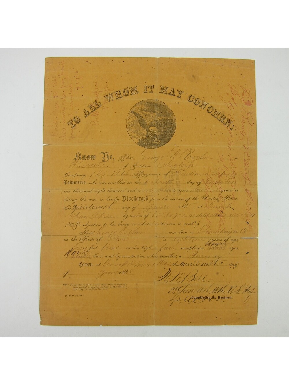 1865 Civil War Soldier Discharge Paper Document George W. Voglar Indiana 124th